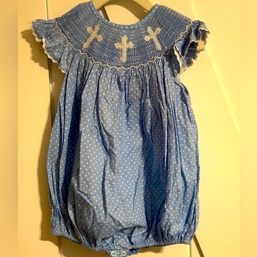 Girls 24m Lil Cactus Blue Polka Dot Romper with Smocked Crosses